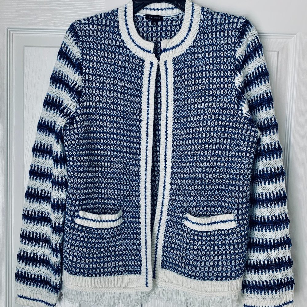 TALBOTS CHAN@L VIBE CARDIGAN Long Sleeves Pockets Metallic Fringe